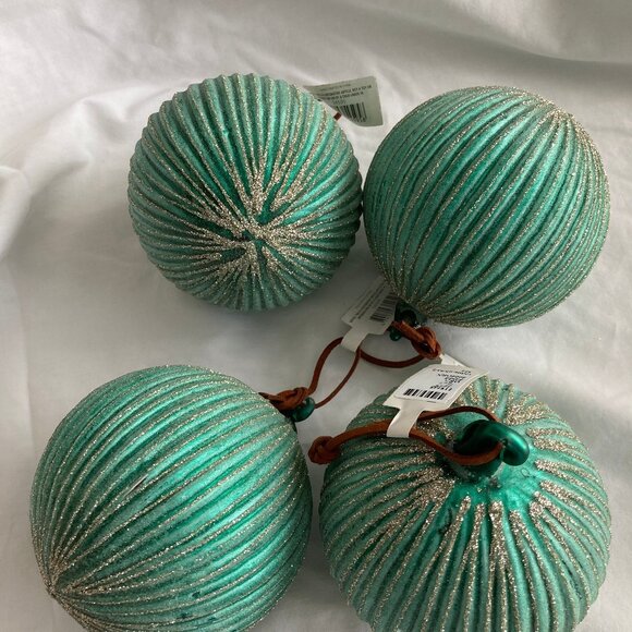 Other - NWT Blue Green Glass Christmas Ornaments – Set of 4 (Aqua, Corrugated, Glitter)